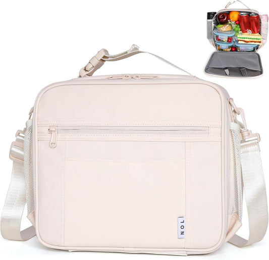 NOL Kids Lunch Bag - Kids 3+ Reusable Insulated Lunch Box with Zipper Closure Buckle Handle Adjustable Long Shoulder Strap, Easy-Clean Waterproof Fabric, Children Lunch Tote Bag for School -Cream