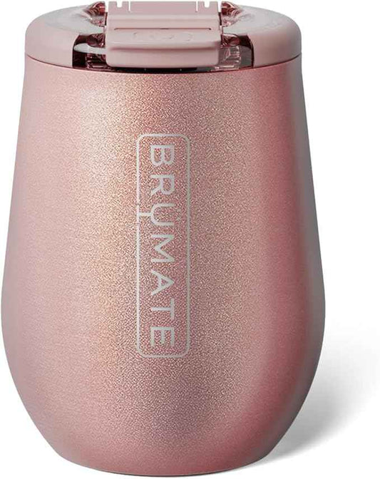 BrüMate Uncork'd 14oz 100% Leakproof Insulated Wine Tumbler | Locking Lid | Insulated Stainless Steel Wine Glass | Perfect For Travel & Outdoors | BPA-Free (Glitter Rose Gold)