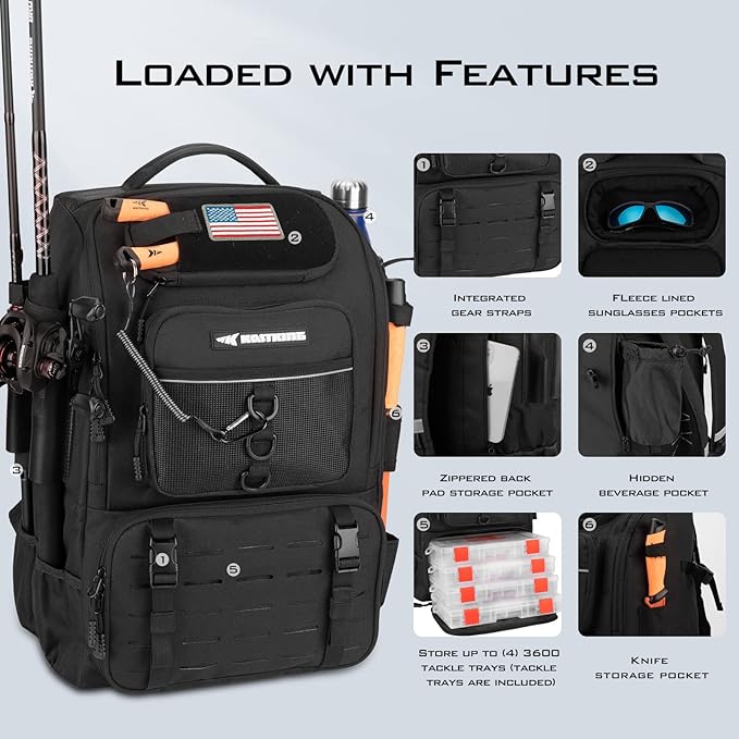 KastKing KarryAll Fishing Tackle Backpack with Rod Holder 4 Tackle Boxes,40/26L Tackle Bag Storage Fishing Gear and Equipment