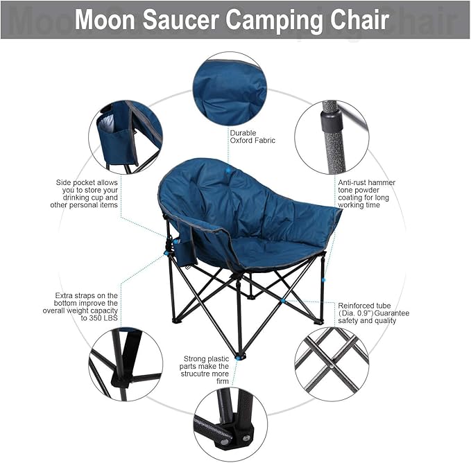 ALPHA CAMP Oversized Camping Chairs Padded Moon Round Chair Saucer Recliner with Folding Cup Holder and Carry Bag