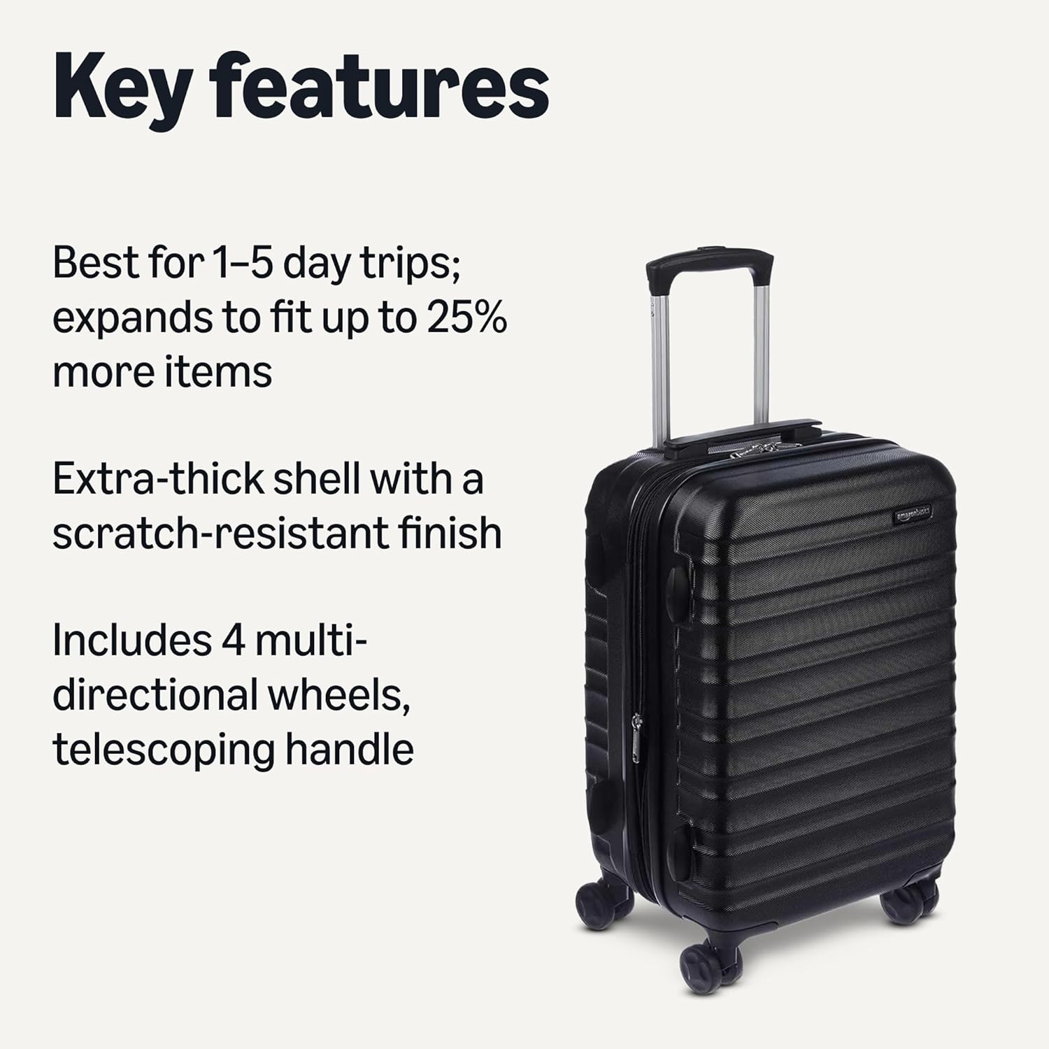 Amazon Basics 21" Hardside Carry-On Luggage, Hardshell Suitcase With Wheels, Expandable For Up to 25% More Space, With Scratch-Resistant Surface, Four Multi-directional Wheels, Black - Roamly