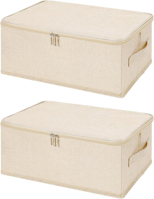 ANMINY 2PCS Storage Bins with Zipper Lids 13 Qt Lidded Fabric Storage Boxes Baskets Cubes with Handles Collapsible Washable Cotton Linen Closet Shelf Clothes Organizer Containers - Beige, Small