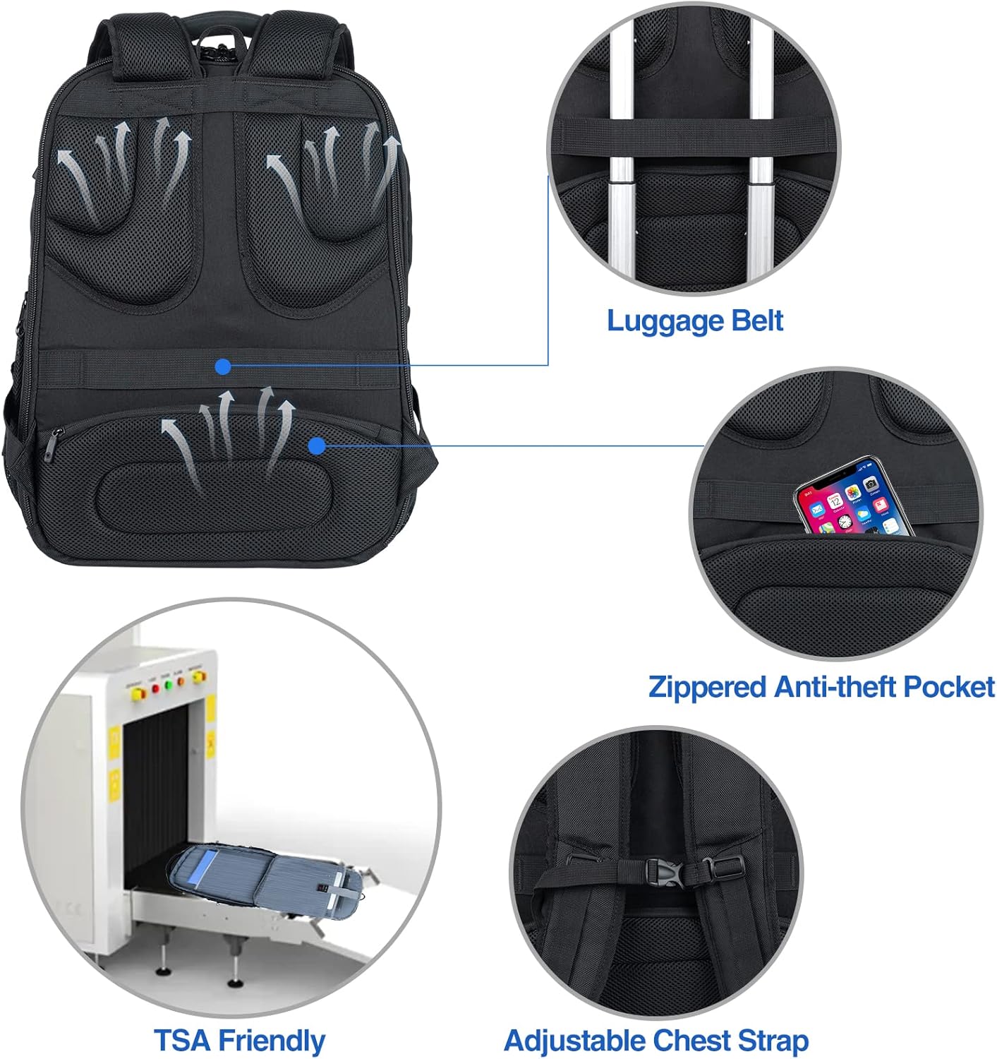 KROSER TSA Friendly Travel Laptop Backpack 18.4 inch XXXL Gaming Backpack Water-Repellent College Daypack Business Backpack with RFID Pockets & USB Port for Men/Women-Black - Roamly