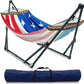 Tranquillo Sturdy Steel Hammock with Stand Premium Cotton Canvas Hammock, 600 lbs Capacity Hammock Stand Folding, Portable 30-Second Fold Unfold, for Camping, American Flag