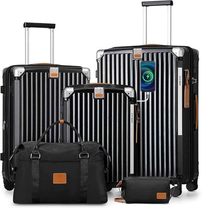 Joyway 5 Piece Luggage Set with Cup Holder, Expandable 25% Capacity, Includes Handbag, Anti Slip Wheels, Hook, Smart Carry On Suitcase for Men and Women, Spinner Travel Black