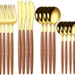 16 Pcs Gold Silverware Set with Simulated Wooden Handle for 4,Stainless Steel Cutlery Set,Mirror Polished Tableware Utensils Flatware Set,Include Knives Spoons and Forks set,Dishwasher Safe
