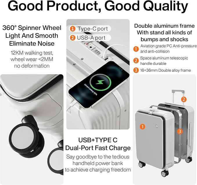 mixi 2-Piece Luggage Sets with Cup Phone Holder and Charger Hard Shell Suitcases with Spinner Wheels, 20+26 Smoke White