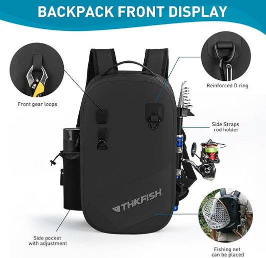 THKFISH IPX8 Waterproof Fishing Backpack with Rod Holder, Lightweight Fishing Sling Bag, Move Freely Fish Gifts for Men