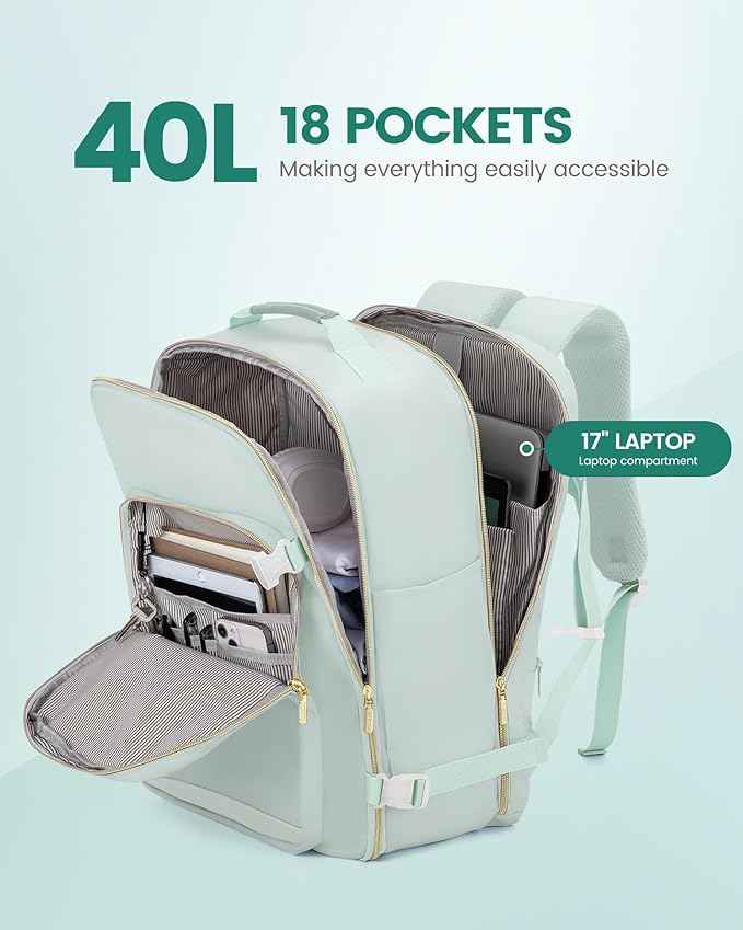 LOVEVOOK Travel Backpack for Women & Men 40L,Airline Approved Carry On Backpack Travel Essentials,TSA Carry on Luggage,Waterproof Personal Item Travel Bag Suitcase,3 Packing Cubes,Turquoise-Turquoise