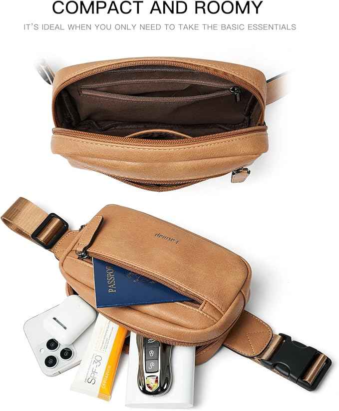 2L Fanny Packs Everywhere Belt Bag Small Fashion Crossbody Waist Pack Faux Leather Waterproof Sling Chest Bag For Women Tan