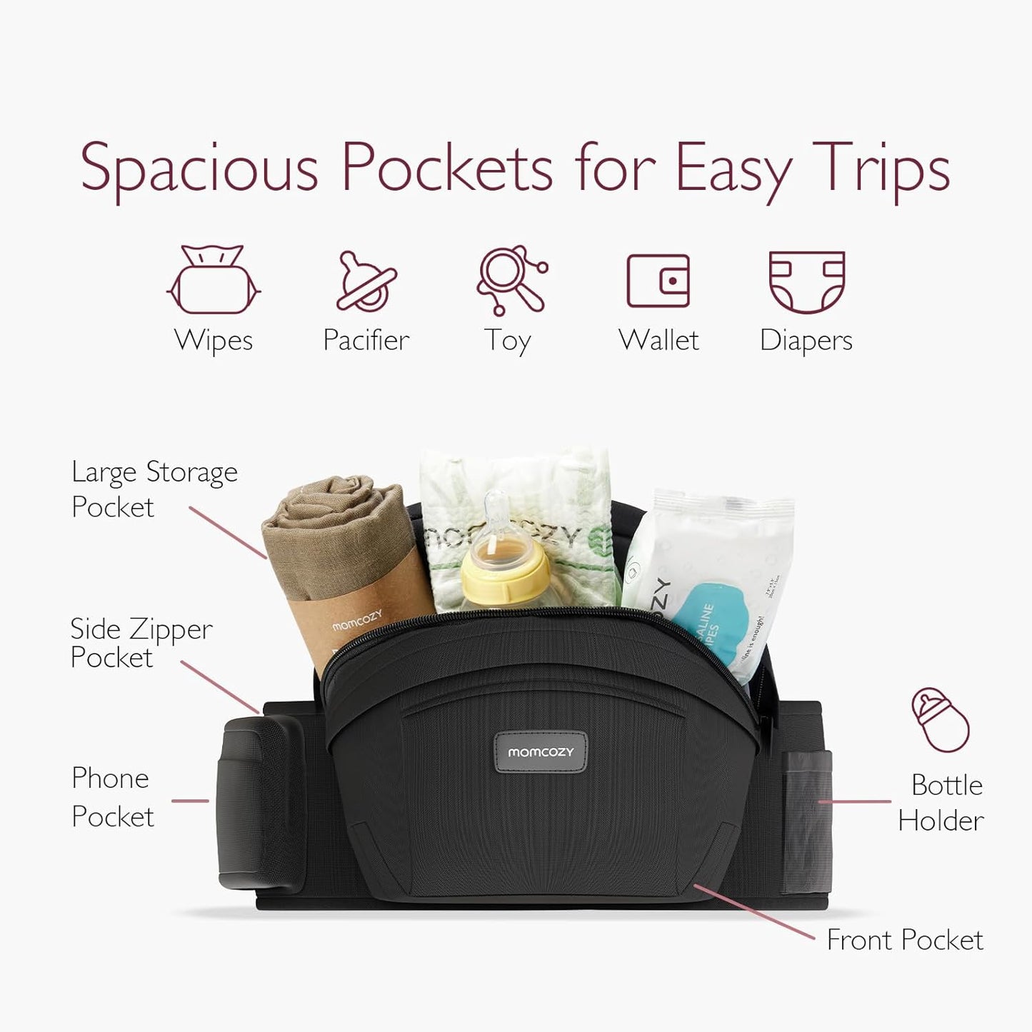 Momcozy Hip Seat Baby Carrier - Adjustable Waistband with Original 3D Belly Protector, Ergonomic Carrier with Various Pockets for Newborns & Toddlers up to 45lbs (Black, Large)