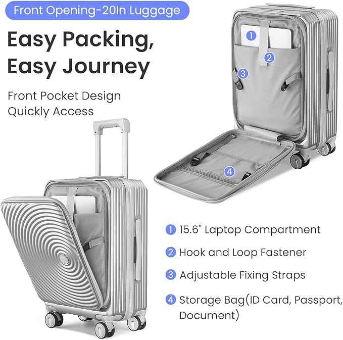 3 Piece Luggage Set 100% PC Hardshell, Front Opening Expandable Suitcase (20/24/28) with Laptop Compartment & Free Custom PVC Covers, Trunk Style Lightweight Spinner Wheels TSA Lock (Silver)