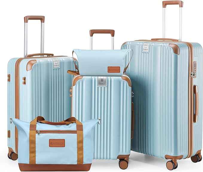 Luggage Set 3 Piece Luggage with PC+ABS Hardshell TSA Lock Spinner Wheels Carry on Lightweight Suitcase，YKK Zippers (Light Blue, 5 Piece Set (20/24/28/DB/TB))
