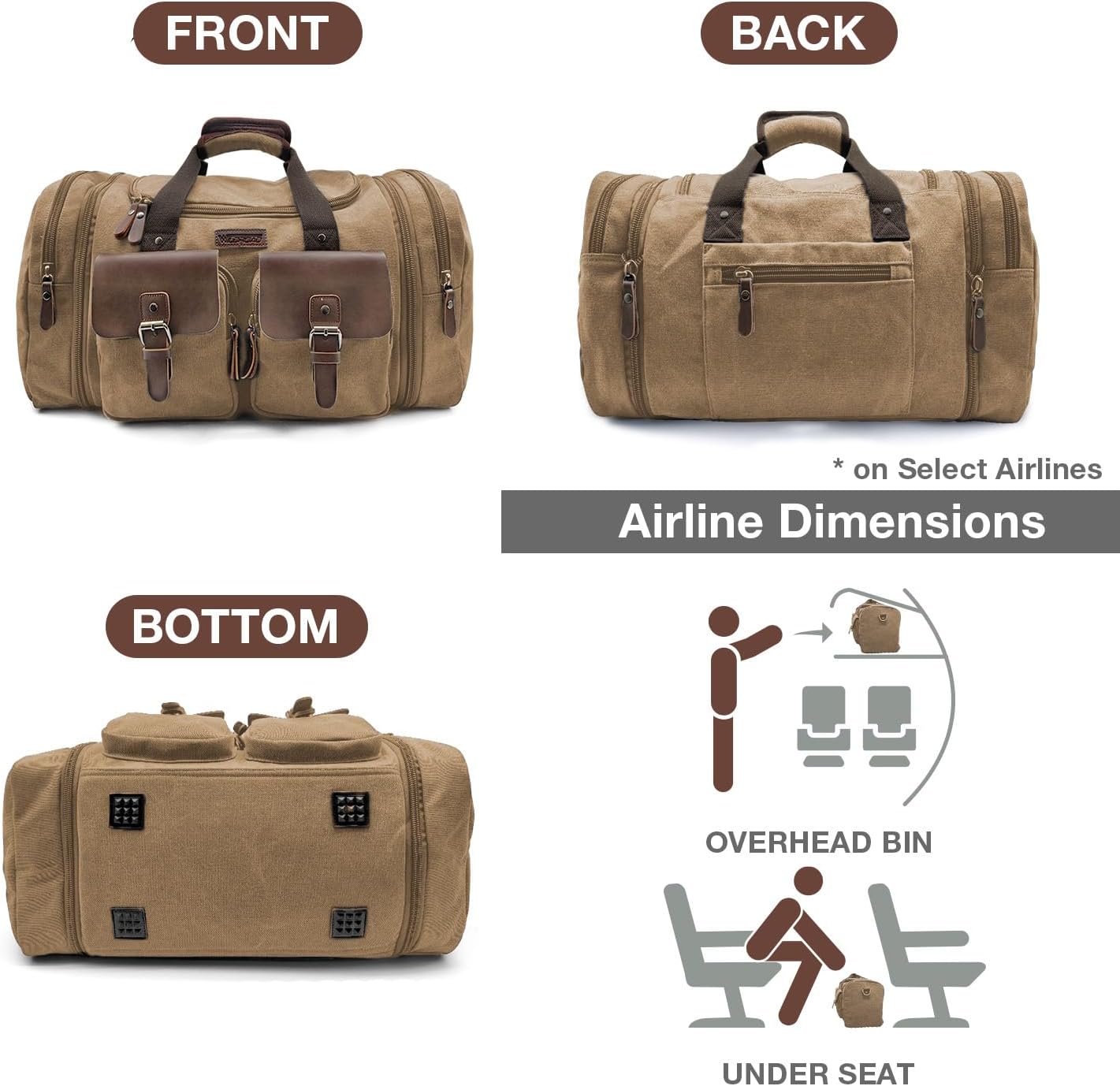 Wildroad 60L Travel Duffel Bag, Expandable Canvas Genuine Leather Duffle Bag Upgraded Overnight Weekender Bag Carry on Bag (Coffee, X Large-60L) - Roamly