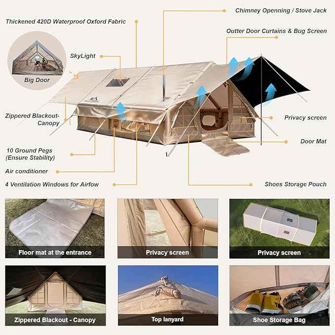 Inflatable Camping Tents 8-10 Person,129 Square Feets Large Inflatable Camping Tent with Stove Jack,Blow up Tent with Mesh Windows & Pump