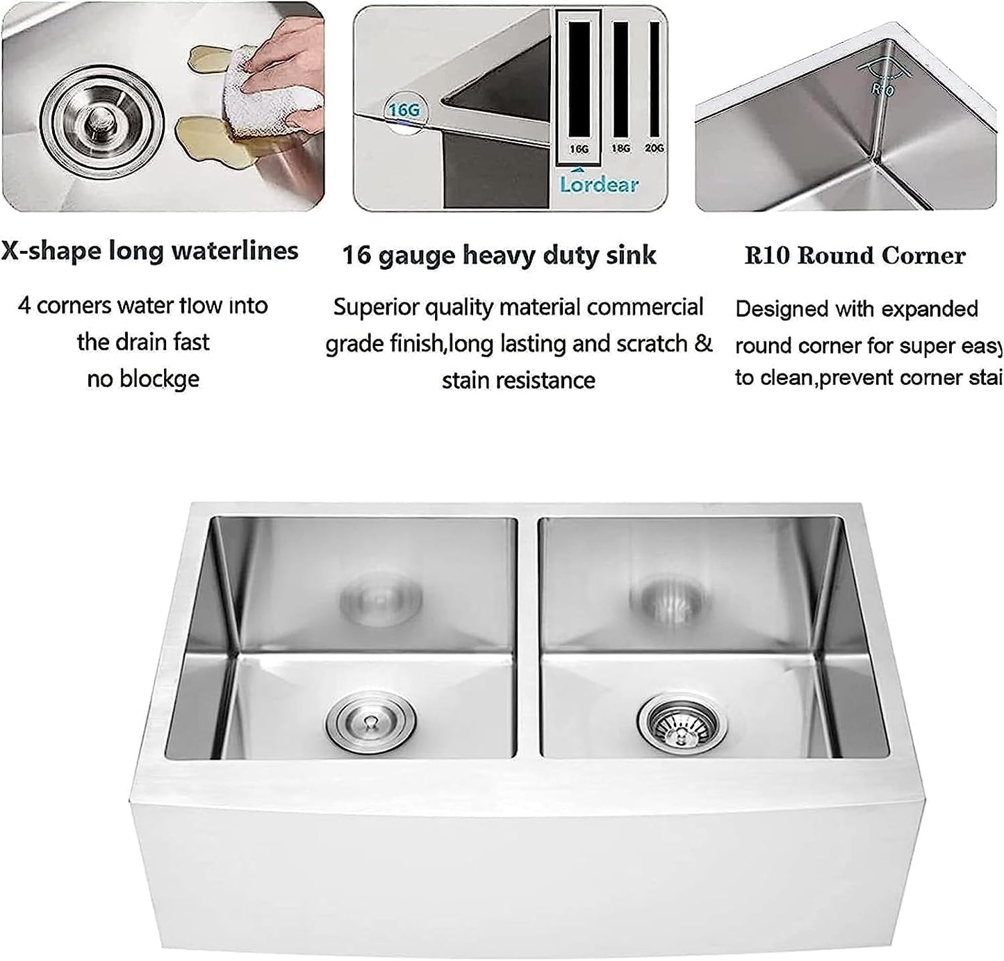 36 Farmhouse Sink Stainless Steel - Lordear 36 inch Kitchen Sink Double Bowl 50/50 Stainless Steel 16 Gauge Apron