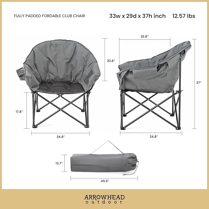 ARROWHEAD OUTDOOR Oversized Heavy-Duty Club Folding Camping Chair with Pocket, Cup Holder, Portable, Padded, Moon, Round, Saucer, Supports 330lbs, Carrying Bag