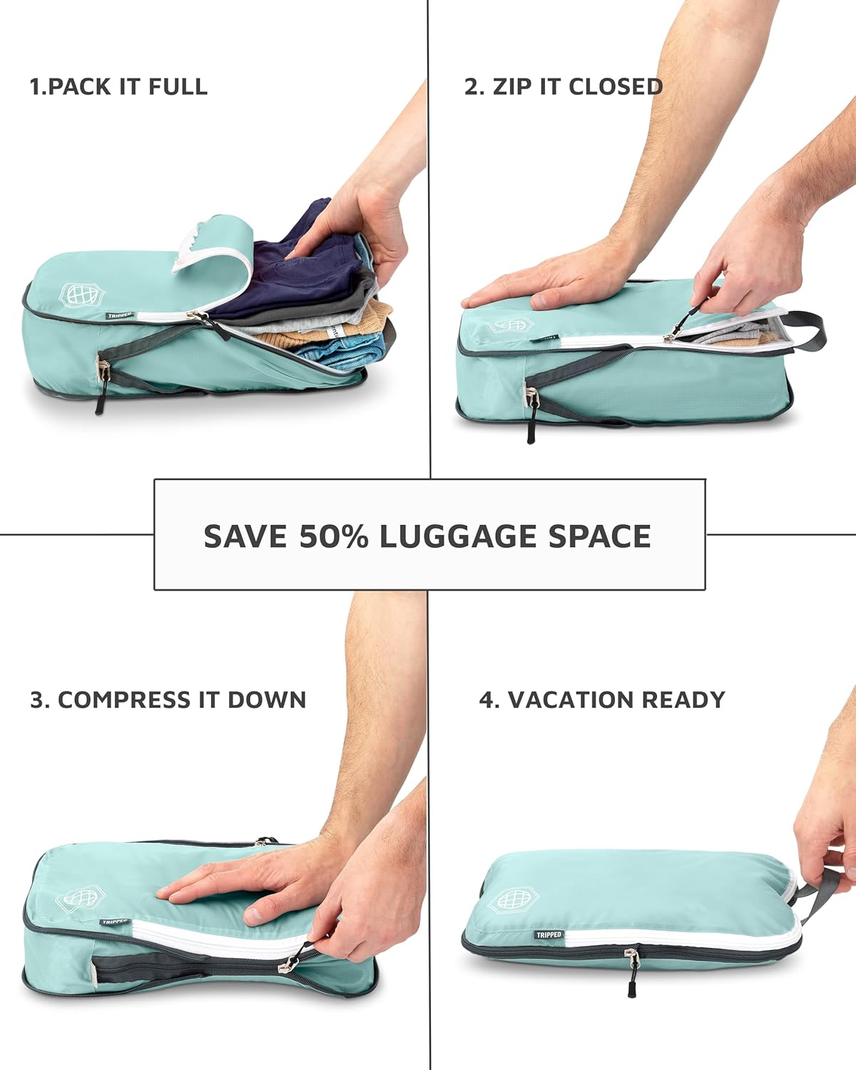 Large Compression Packing Cubes 6 Piece Set for Travel with Lightweight Laundry Bag/Drawstring Backpack for Carry-On Suitcase (Teal/White) - Roamly