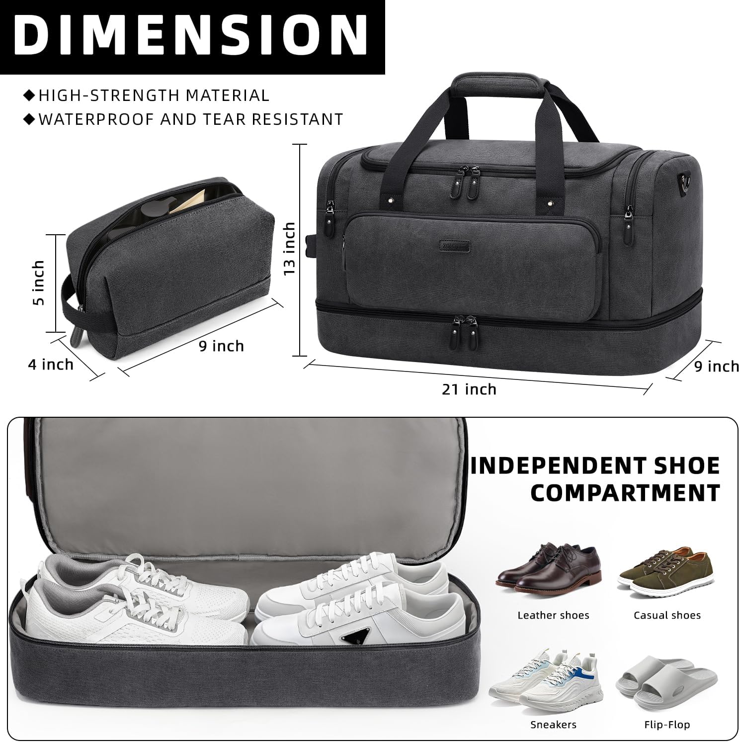 ZOMFELT Duffle Bag for travel, 40L Canvas Travel Duffel Bags for Men Women, Water Resistant Overnight Weekender Bag with Toiletry Bag & Shoe Compartment, Carry on Luggage Bag for Travel, Gym, Black - Roamly