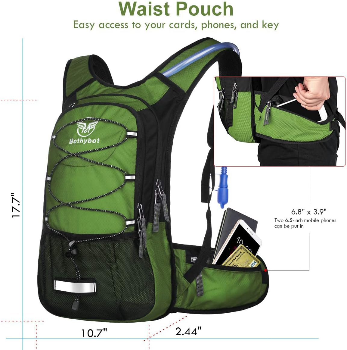 Insulated Hydration Backpack Pack with 3L BPA Free Leak Proof Water Bladder, Large Storage Lightweight Hiking Daypack with Waist Pouches & Cooler Layer, for Running, Biking, Camping, Festival - Roamly