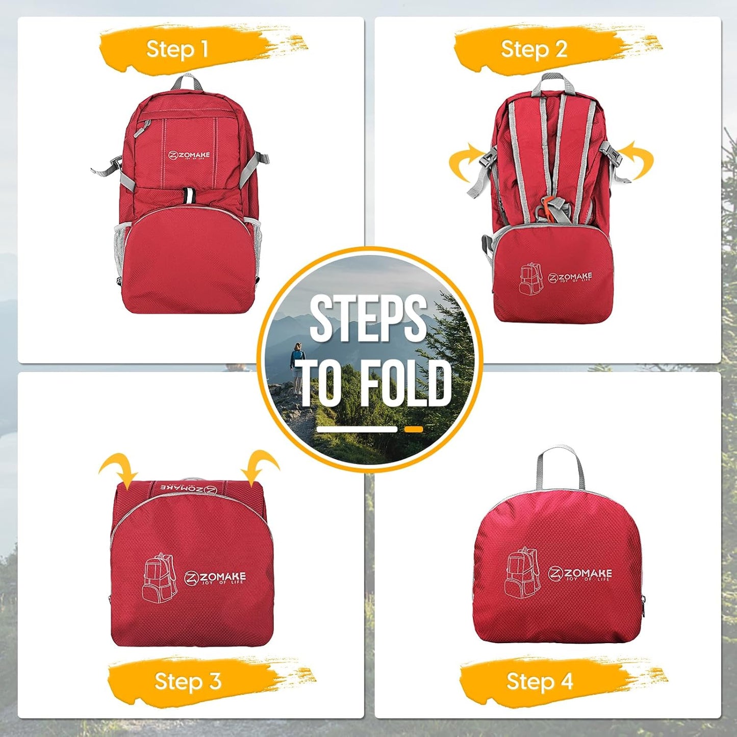 ZOMAKE Lightweight Packable Backpack 35L, Light Foldable Backpacks Water Resistant Collapsible Hiking Bag, Compact Folding Day Pack for Travel Camping(Red) - Roamly