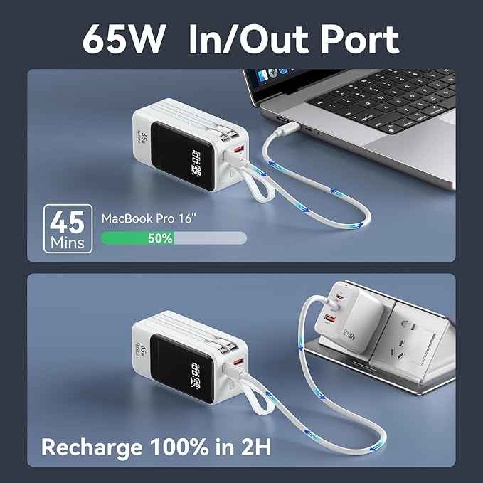 Fast Charging Power Bank 18400mAh 65W Portable Laptop Charger, LCD Display, Travel Essential Battery Pack with Built-in USB-C & Lightning Cables for iPhone 16/15/14/13/12 MacBook Samsung