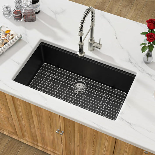 32 Granite Composite Kitchen Sink - Donsdey 32 Inch Black Kitchen Sink Undermount Granite Quartz Composite Ledge Workstation Matte Black Under Counter Single Bowl Sink Basin