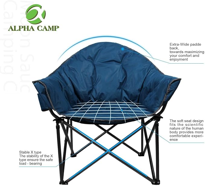 ALPHA CAMP Oversized Camping Chairs Padded Moon Round Chair Saucer Recliner with Folding Cup Holder and Carry Bag
