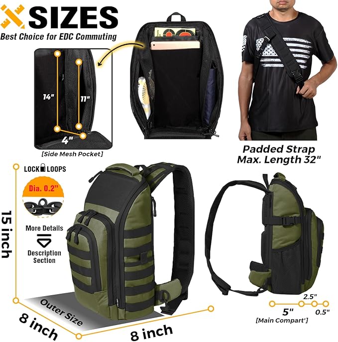DBTAC Tactical Personal Defense EDC Bags & Packs | 10L Military Shoulder Backpack with Sling for Concealed Carry, Range, Travel, Hiking, Outdoor Sports (Green)