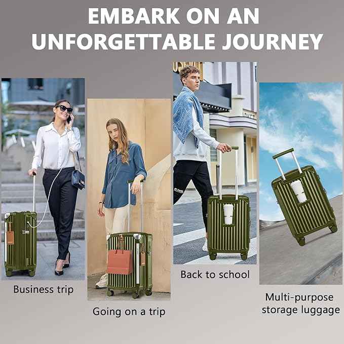 Joyway 20in Carry On Luggage with Cup Holder and USB Port, 25% Expandable Capacity, Smart Suitcase with Anti Slip Wheels and Handbag, Perfect for Men and Women 3 Piece Set DarkGreen
