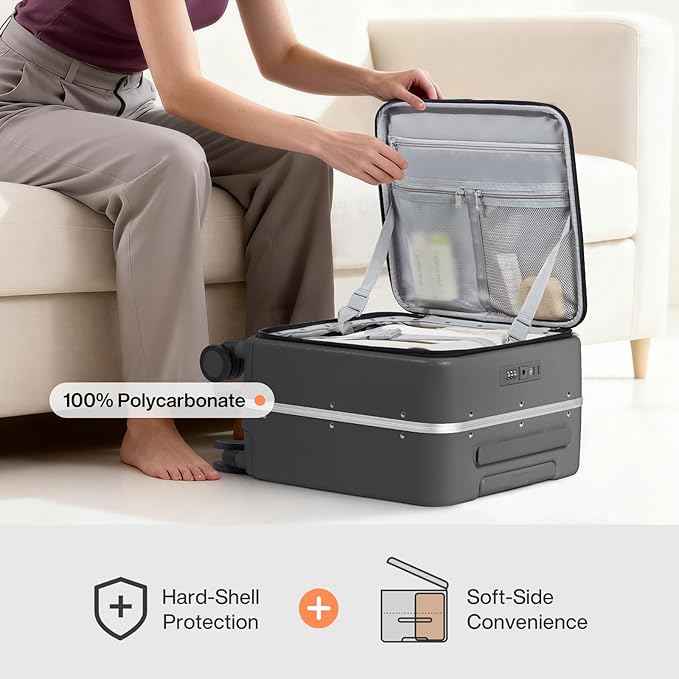 mixi 17x14x9 Carry On Luggage Underseat PC Hard Shell Suitcase Top Opening Aluminum Frame Travel Suitcases with Wheels, Rock Gray