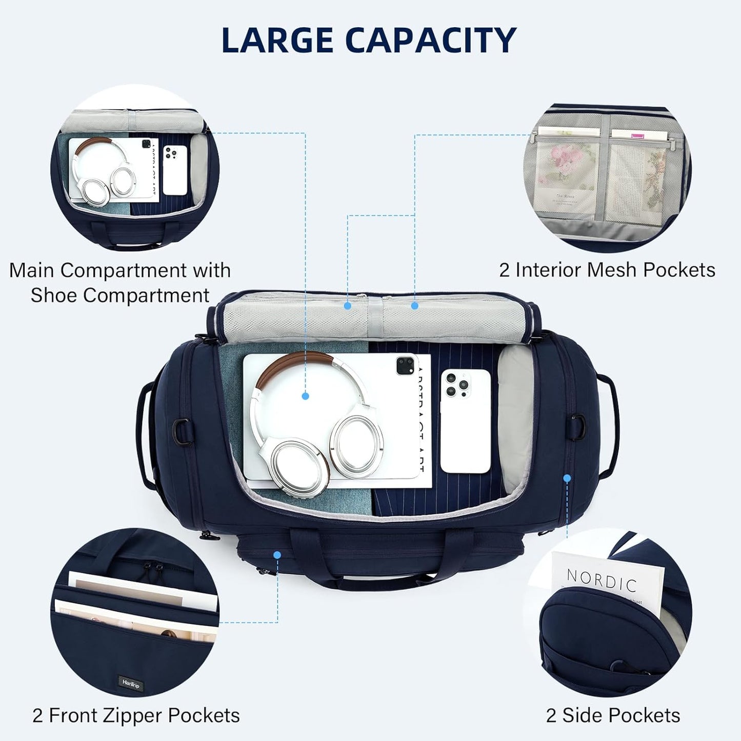 Large Travel Duffle Gym Bag with Shoe Compartment, Underseat Carry On Luggage Overnight Weekender Personal Item Workout Bags for Women Men (Navy Blue) - Roamly