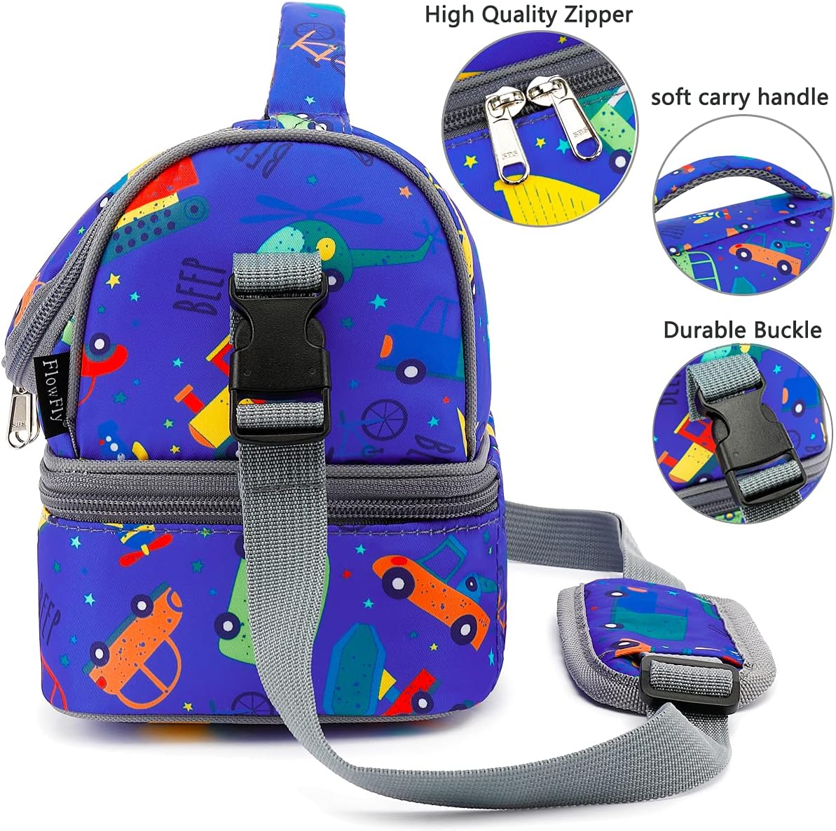 FlowFly Kids Double Decker Cooler Insulated Lunch Bag Large Tote for Boys, Girls, Men, Women, With Adjustable Strap, Car