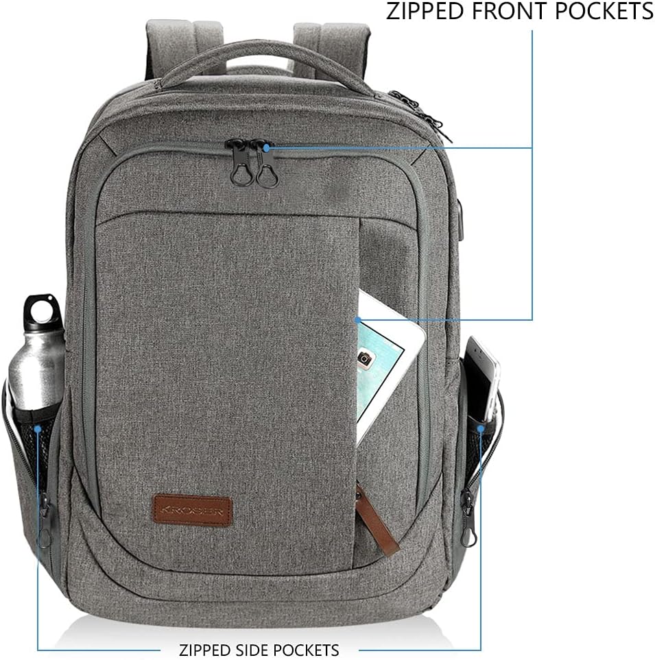 KROSER Laptop Backpack Large Computer Backpack Fits up to 17.3 Inch Laptop with USB Charging Port Water-Repellent Casual Daypack for Travel/Business/College/Women/Men-Grey - Roamly