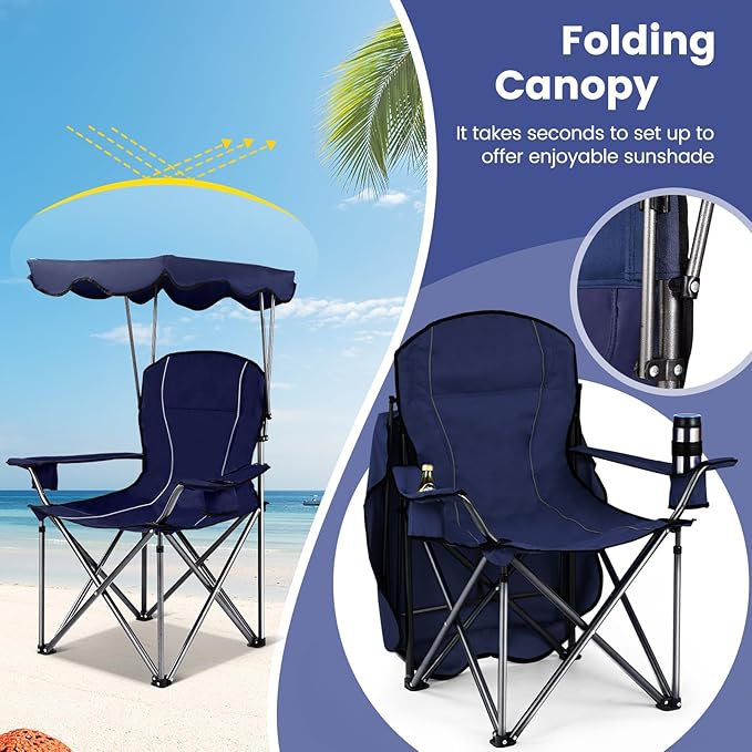 Goplus Camping Chair with Canopy Shade, Folding Lawn Chair with Umbrella Cup Holder & Carry Bag, Portable Sunshade Chair for Adults for Beach Outdoor Travel Hiking Fishing (Blue)