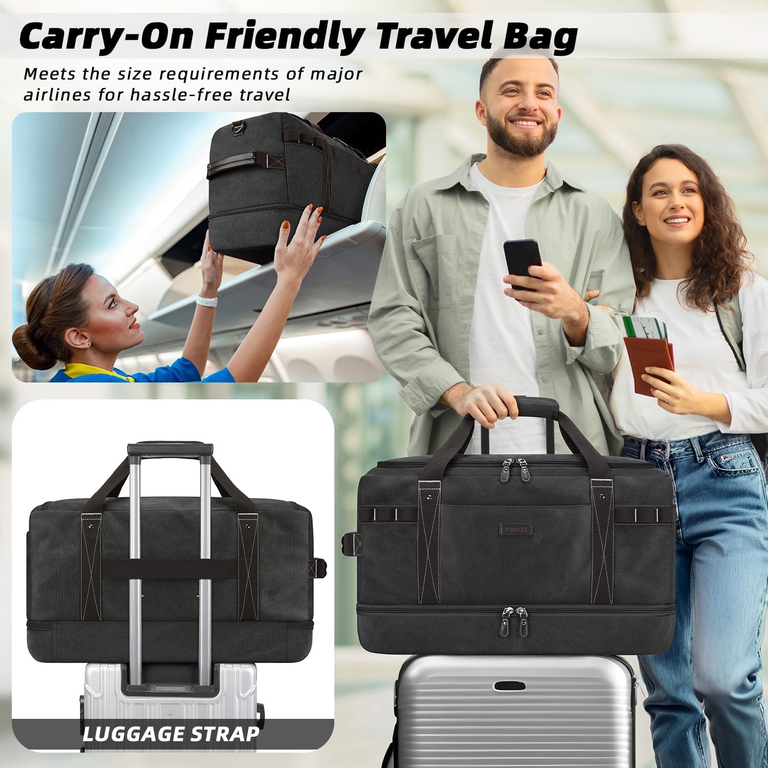 ZOMFELT Travel Duffle Bag for Men, Waterproof Canvas Overnight Duffel Bag with Removable Dividers & Shoe Compartment, Carry On Weekender Gym bag, Multi-Pocket & Vintage Design (Washed Black) - Roamly