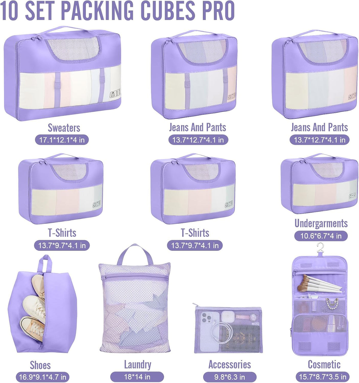 Veken 10 Set Packing Cubes for Travel Essential, Suitcase Organizer Bags in 4 Sizes, Carry-On Luggage Accessories with Large Laundry & Hanging Toiletry Bag, Must-Have for Airplane, Road Trip & Camping - Roamly