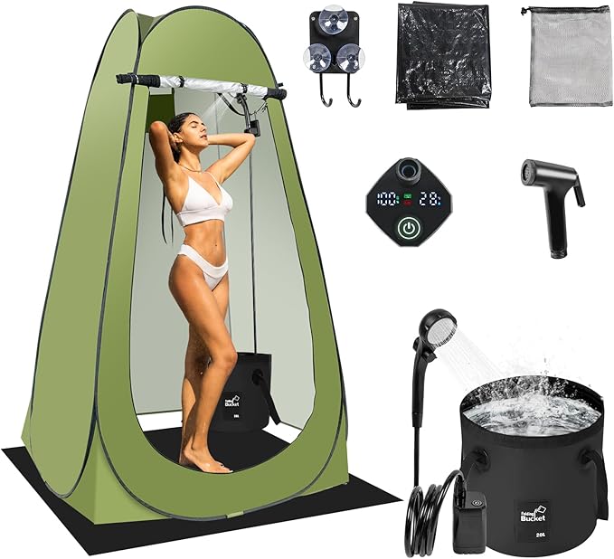 Pop Up Shower Tent for Camping, Portable Outdoor Privacy Shower Tent with 6000mAh Rechargeable Shower