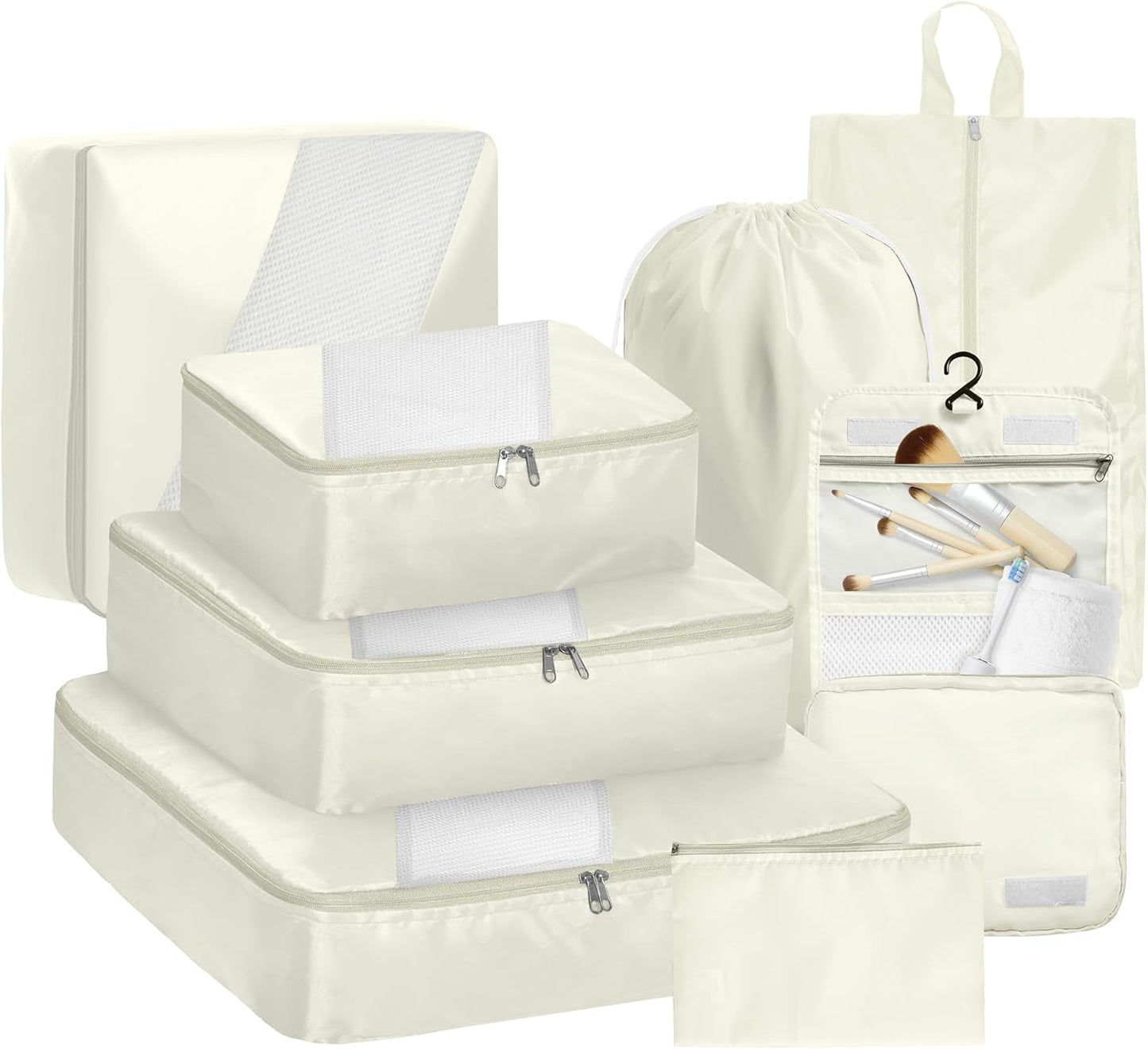WVM Packing Cubes for Travel, 8 Set Luggage Organizer Bags with Shoe Bag, Toiletry Bag & Laundry Bag, Travel Accessories Essentials Packing Organizer, Beige - Roamly