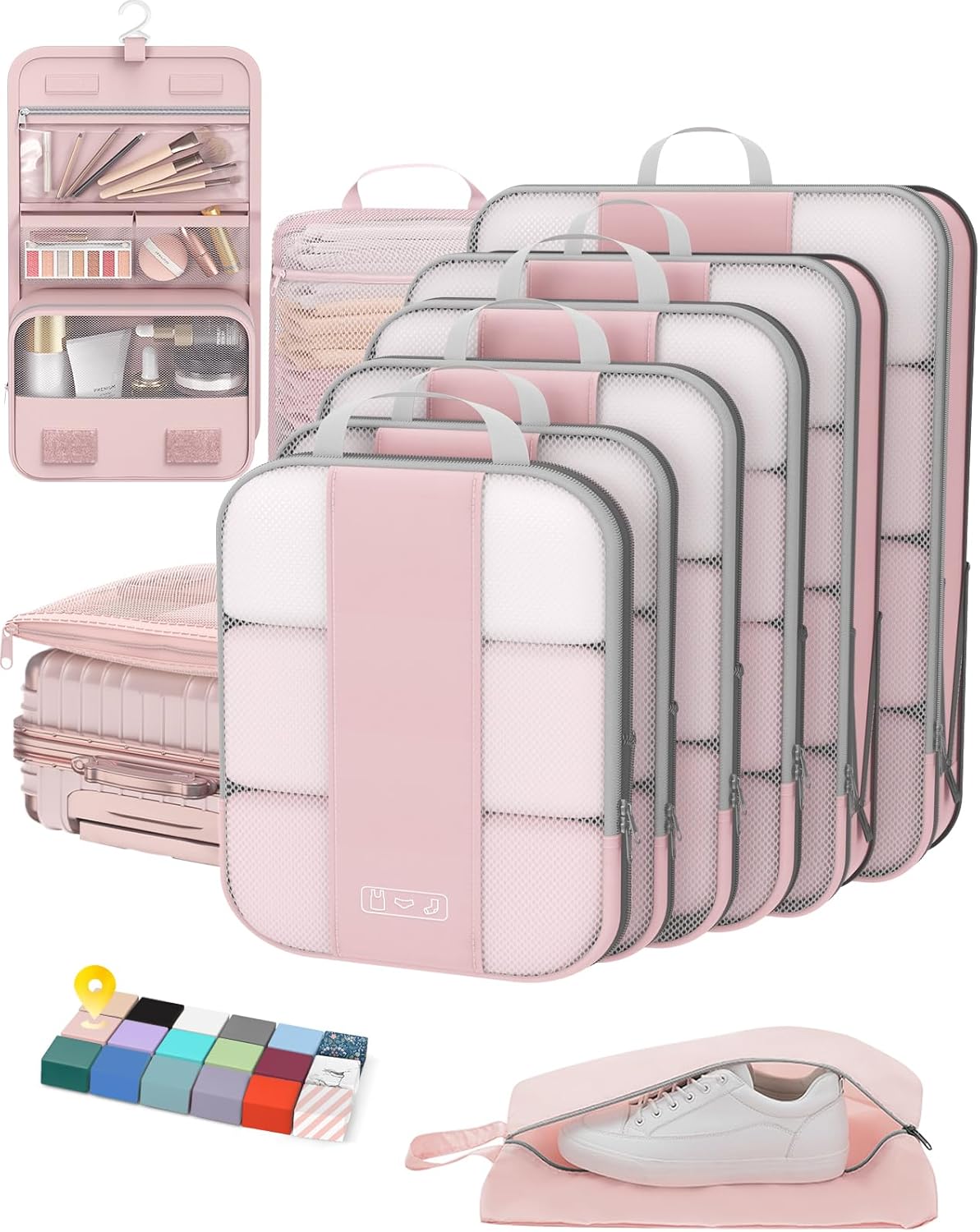 10 Set Compression Packing Cubes for Travel Essentials Women Mom,Compressible Expandable Packing Cubes for Suitcase,OlarHike Luggage Organizer Bags for Travel,Handy Helper for Organizing Clothes(Pink) - Roamly
