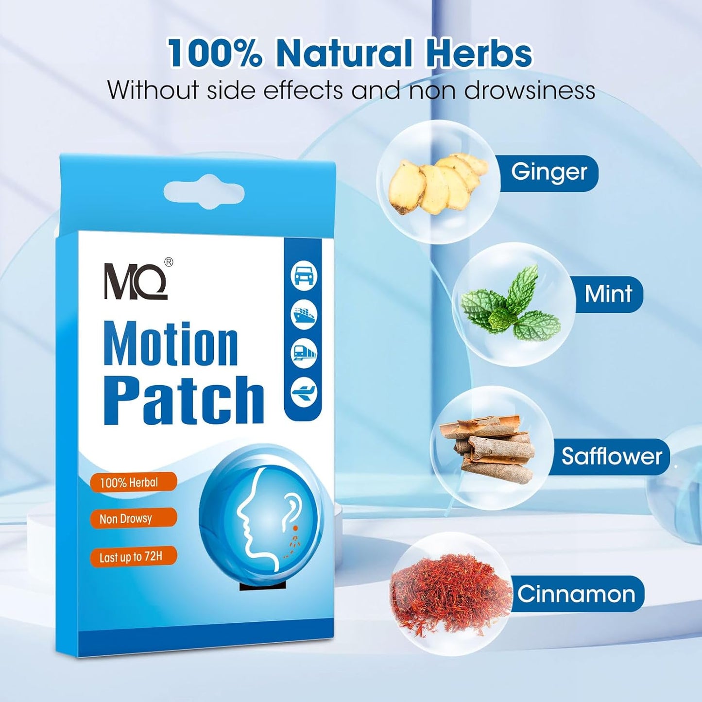 MQ Motion Sickness Patch,50 Count,Non Drowsy Sea Sickness Patches Behind Ear for Cruise Ship Travel, Waterproof Car Sick Patches Fast Acting & Long Last 72H