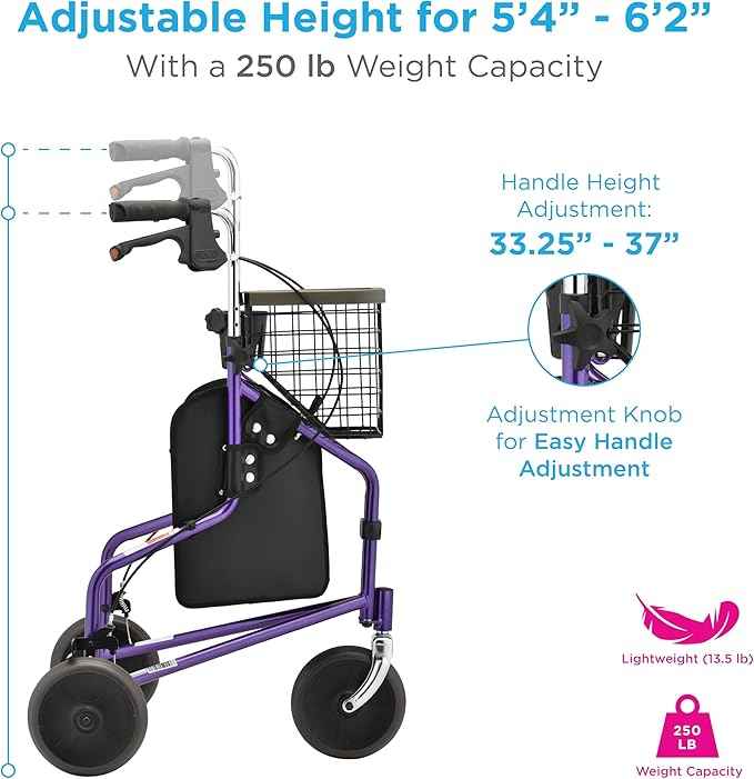 NOVA Traveler Folding 3-Wheel Walker with Tray, Basket, Pouch & Cup Holder, Lightweight Mobility Aid for Seniors & Adults, 8” All-Terrain Wheels for Tight Spaces & Travel, Purple