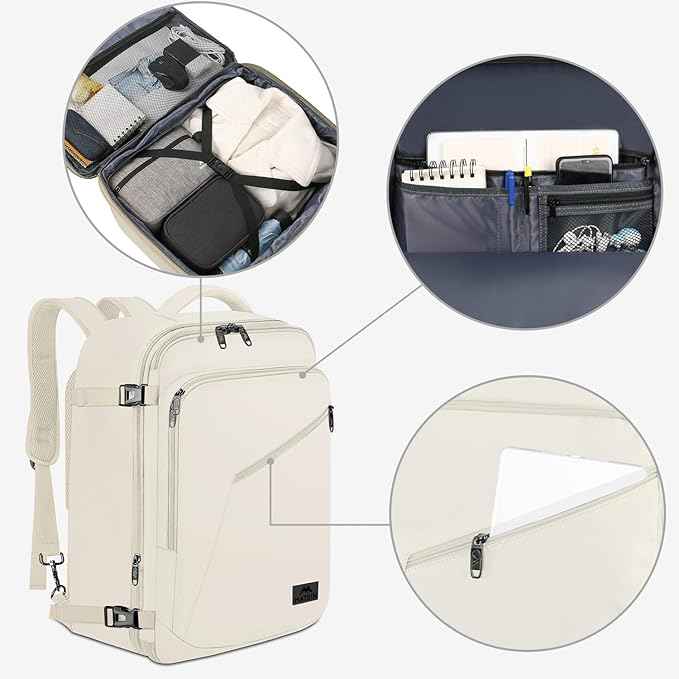 MATEIN Large Backpack for Travel Flight Approved, 45L Carry on Backpack with Padded Shoulder Straps for Adult, Men, Women, Expandable Daypack for Clothes, Travel Essentials, Beige