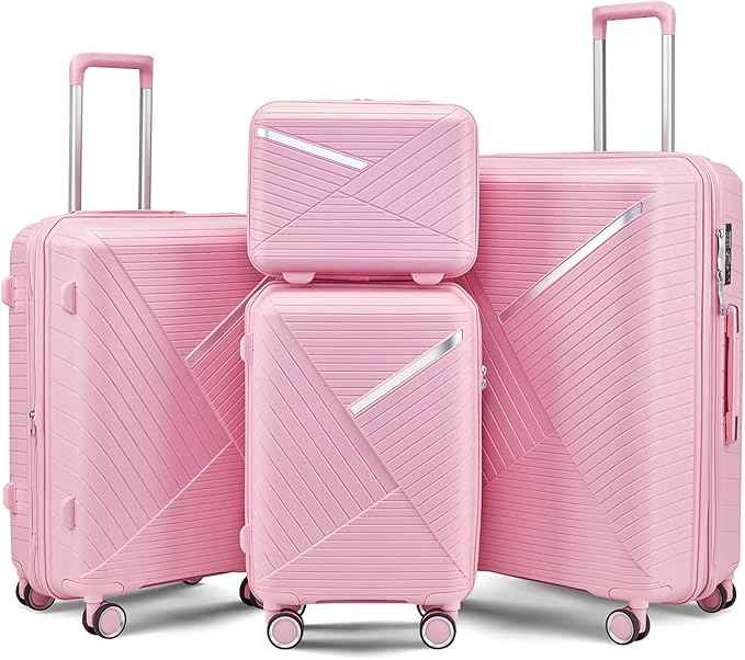 4 Piece Expandable Hardshell Pink Luggage Sets with Spinner Wheels, Lightweight Travel Suitcase Set with TSA Locks, 20 inch Carry On for Women (Pink#B, 4 Piece Set)