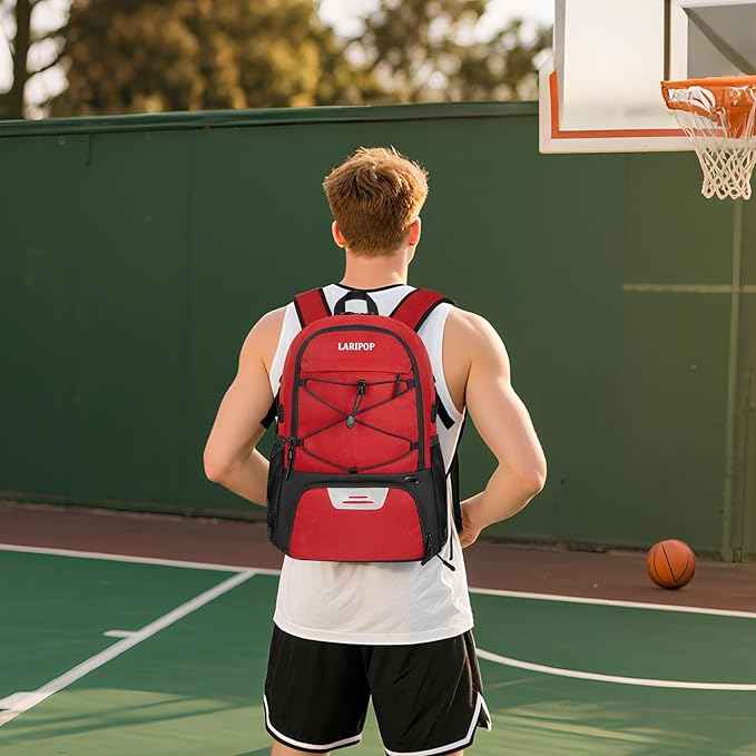 LARIPOP Basketball Bag, Sports Backpack with Ball Holder & Shoe Compartment, Water Resistant Gym Bag for Soccer Volleyball Travel