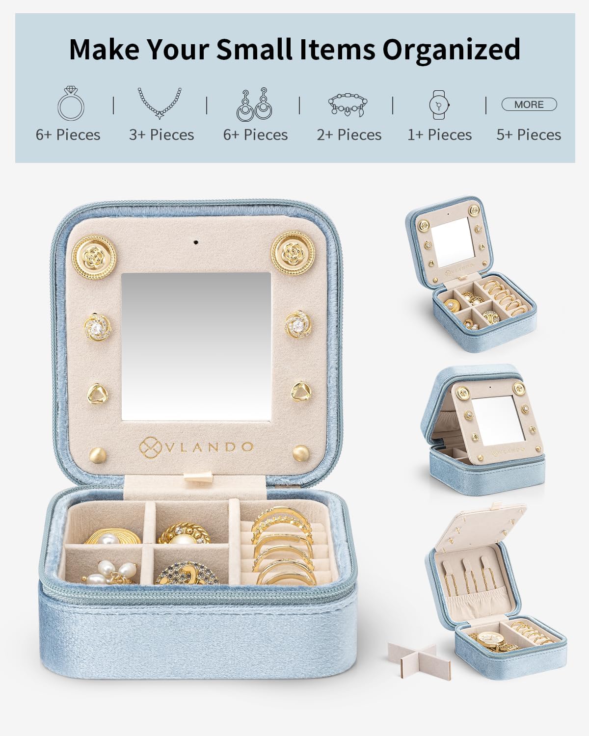 Vlando Velvet Travel Jewelry Case, Jewelry Travel Box for Women, Travel Jewelry Organizer, Small, Portable Jewelry Boxes with Mirror - Blue