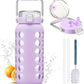 MUKOKO 64oz Glass Water Bottles with Straw and Lid,Half Gallon Water Bottle with Time Marker,Large Glass Water Jug with Silicone Sleeve and Stainless Steel Handle-Purple