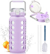 MUKOKO 64oz Glass Water Bottles with Straw and Lid,Half Gallon Water Bottle with Time Marker,Large Glass Water Jug with Silicone Sleeve and Stainless Steel Handle-Purple