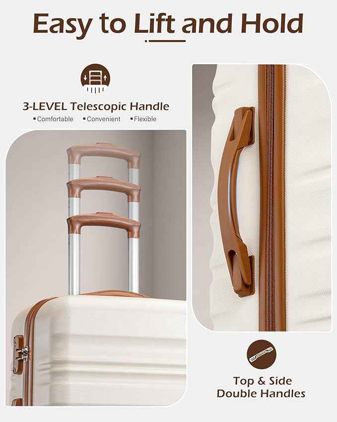 LONG VACATION 6 Piece Luggage Set Carry on Suitcase with ABS+PC hardshell, Spinner Wheels & YKK Zipper TSA Lock (BEIGE-BROWN, 6 piece set)