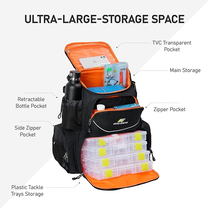 N NEVO RHINO Fishing Tackle Backpack with Rod Holders, 40L Large Fishing Bag with Waterproof Rain Cover,Outdoor Tackle Bag